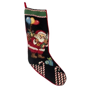 Needlepoint Christmas Stocking Santa Claus Bag of Toys 20" Lined Red Cotton back - Picture 1 of 6
