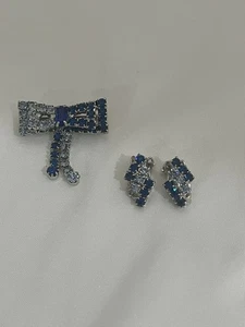 Vintage blaue Strass Brosche Ohrring Set dunkelblau und hellblau Strasssteine - Bild 1 von 7