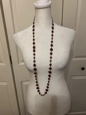 Colar de corrente Anne Klein assinado 42” contas facetadas vermelhas tom dourado estilo clássico - Imagem 1 de 3