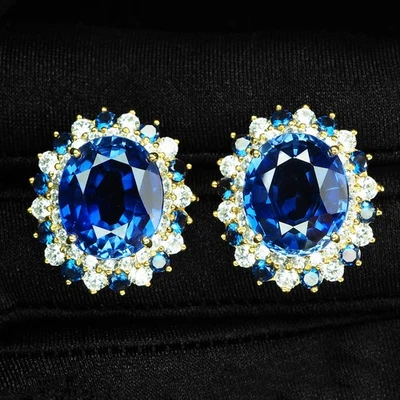 闪亮蓝色蓝宝石椭圆形 17.25 克拉 925 纯银 24K 金光环耳环 — 第 1/4 张图片