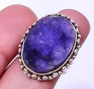 Blue Quartz Drusy Silver Plated Handmade Jewelry Ring s.6 A375, Christmas Gift - Image 1 of 4