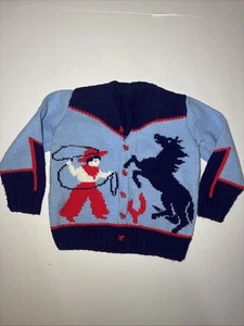 Vintage Knitted Blue Cowboy Horse Sweater Unisex Child Size - Picture 1 of 10