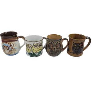 4 Vintage 1970's Retro Stoneware Pottery Owl Coffee Mugs Cups - Picture 1 of 17