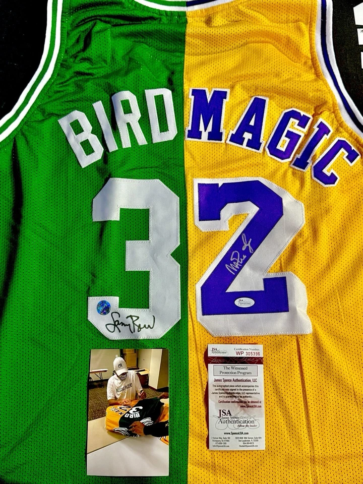 Larry Bird & Magic Johnson Dual Signed Jersey Lakers Celtics JSA & Bird COA - Image 1 of 1