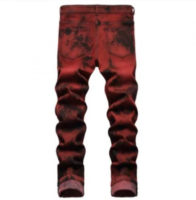 Casual Mens Wine Red Denim Jeans Straight Leg Punk Cotton Hip Hop Pants Trousers - Image 1 of 4