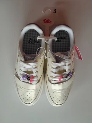 Justice Sport Girls White Beaded Low Top Sneakers Shoes-Size 3 Purple Accents - Image 1 of 4