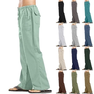 Men's Cotton Linen Pants Solid Color Casual Trousers Loose Beach Summer Pants❤️ - Picture 1 of 62