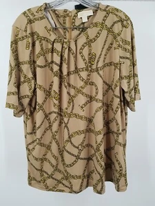 Michael Kors Women Gold Chain Print Short Sleeve Top XL Shirt Zipper - Picture 1 of 4