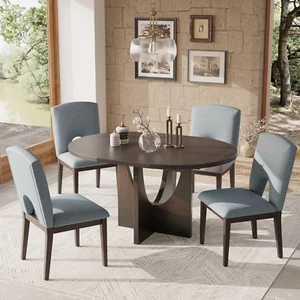 Modern 5-Piece Extendable Round Dining Table Set with 4 Chairs, Espresso+Gray - Picture 1 of 18