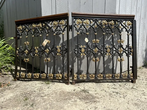 Large Old French Cast Iron Gate Panel Salvage Garden Gilt Leaves antique pair Cover