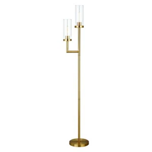 69 Brass Two Light Torchiere Floor Lamp With Clear Transparent Glass Drum Shade - Picture 1 of 1