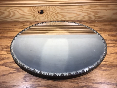 Antique Round Beveled Dresser Vanity Jewelry Table Top Mirror Tray Brass 14 Inch Cover