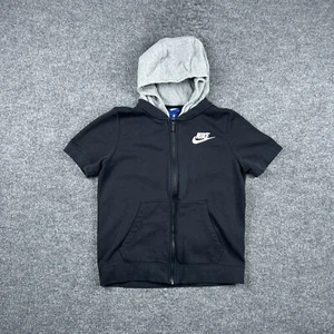 Nike Sweatshirt Youth L Black Short Sleeve Full Zip Swoosh Hooded 908232 Boys - Picture 1 of 11