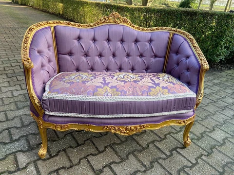 French Louis XVI Style Corbeille Settee/ sofa in Purple Damask Cover