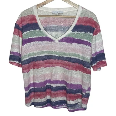 Gerard Darel Paris Striped Linen V-Neck T-Shirt Top Tee Bohemian Multicolor - Image 1 of 4