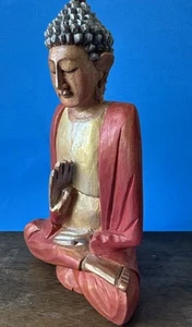 Vintage Stylized Hand Carved Hard Wood Seated Buddha Statue, Hand Painted 8 1/2” - Picture 1 of 6