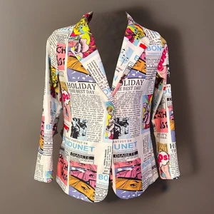 Comic Print Button Blazer Jacket Women’s M Pop Art Y2K Streetwear Tell The News - Picture 1 of 8