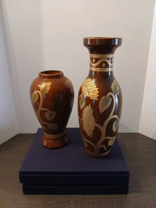 Pair of Chinese Cloisonne 11.5" And 9" Vases Brown And Gold Floral Design - Picture 1 of 5