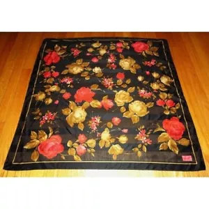 Vintage Kathie Lee Collection Extra Large Floral Scarf black roses head wrap bow - Picture 1 of 16