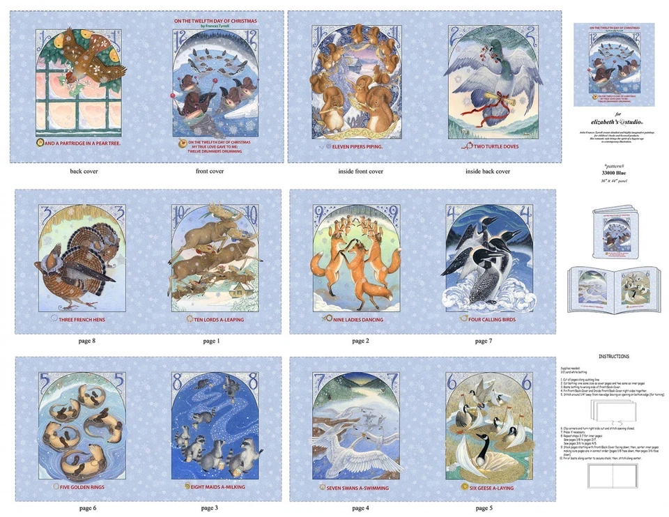 Twelve Days of Christmas Soft Book Panel Cotton Fabric Blue Foto 1 de 1