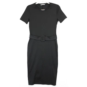 Zara Shift Midi Dress Women S Belted Plain Black Minimalist Short Sleeve Office - Picture 1 of 11