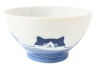 Mino ware Japan Ceramics Rice Bowl Five Japanese Cats Faces White & Blue