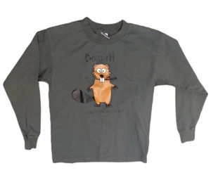 Niagara Falls Long Sleeve Tee Cartoon Beaver "Dam It" Olive green Youth XL - Picture 1 of 6