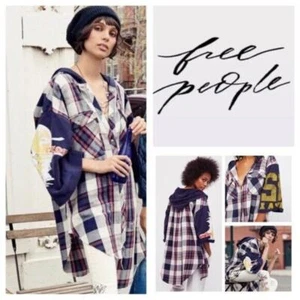 Free People Maddox Patched Plaid Tunic Oversized Varsity Shirt Size Small - Picture 1 of 13
