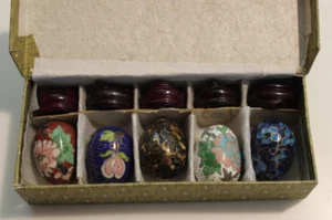 5 Asian Enamel Cloisonne Floral Eggs with Stands 1 3/4" with Stand Original Box - Picture 1 of 9