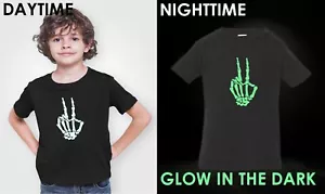 Youth Toddler Skeleton Hand T Shirt Halloween GLOW in The Dark Peace Sign Love - Picture 1 of 8
