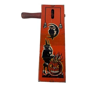 Rare 1940-50s Kirchhof Halloween Tin Crank Noisemaker Owl Moon Witch Pumpkin - Imagen 1 de 7