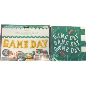 Game Day Balloon 3 Ft Banner Kit Gold and Football field Napkins for 20 - Picture 1 of 3