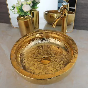Lavandino vaso bagno oro tondo ceramica con rubinetto a cascata scarico - Foto 1 di 8
