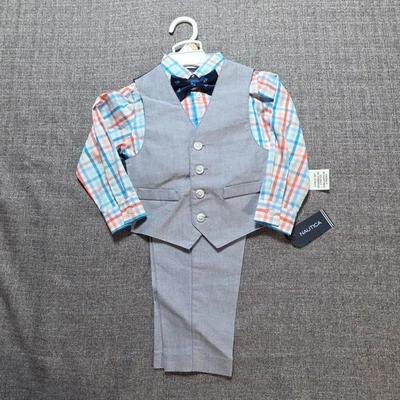 Chicos Niño Pequeño Traje Nautica Corbata Chaleco Camisa Pantalones 4 Piezas Look Azul 2T Nuevo con Etiquetas Foto 1 de 4