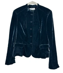 Blusa de terciopelo de manga larga de mezcla de seda azul verdoso de Calvin Klein para mujer talla 6 - Imagen 1 de 7