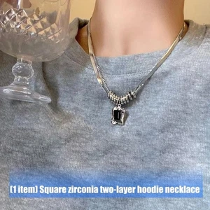 Comfortable Lightweight Double Layer Necklace Square Zircon Design Alloy Build - Picture 1 of 8