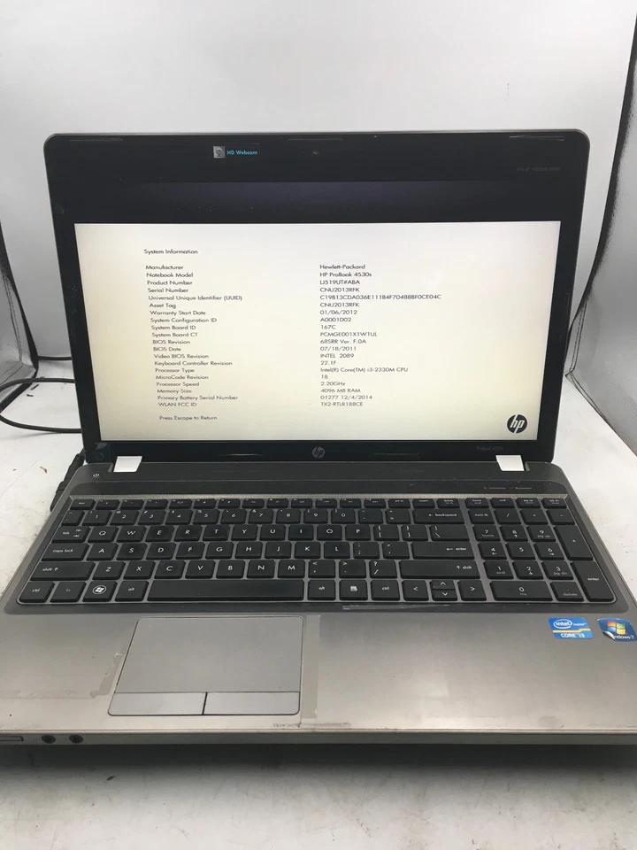 HP PROBOOK 4530S - BOOTS TO BIOS - INTEL I3 2330M - 4GB RAM - NO OS - READ - BB - Image 1 of 4