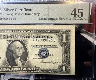 🤩 $1  1935-E Silver Certificate ( STAR ERROR  ) Note - MISALIGNMENT  - PMG 45 - Image 1 of 4