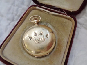 1901 ANTIQUE WALTHAM 14K GOLD POCKET WATCH CASE CROWN w/DIAMONDS & OLD BOX ~ S - Picture 1 of 14