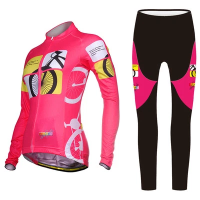 Conjunto de ropa de ciclismo para mujer kit largo jersey de ciclismo manga larga pantalones melocotón Foto 1 de 4
