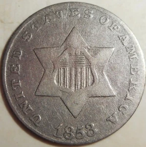 Tres centavos de plata 1853, bonita rebanada de plata temprana, venta inmobiliaria, envío gratuito - Imagen 1 de 2