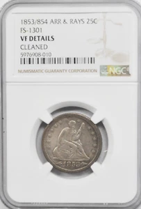 1853/854 25c Seated Silver Quarter Dollar NGC VF Details FS-1301 Arrows & Rays - Picture 1 of 2