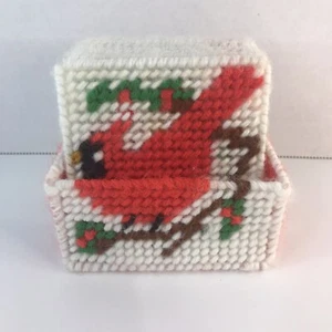 Plastic Canvas Coasters Red Bird Cardinal Vintage Homemade Set Of 7 With Holder - Picture 1 of 7