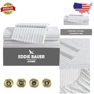 Luxurious King Cotton Percale Sheet Set - Deep Pocket Essential Stripe White - Picture 1 of 8