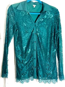 Reba floral lacecore emerald green button up long sleeve collared womans blouse - Picture 1 of 7