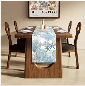 Coastal Nautical Table Runner, Ocean Sea Shells Stars Seahorse and Coral Tabl... - Picture 1 of 7