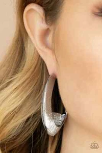 Paparazzi "I Double FLARE You" Etched Linear Patterned Silver Hoop Earrings - Picture 1 of 2