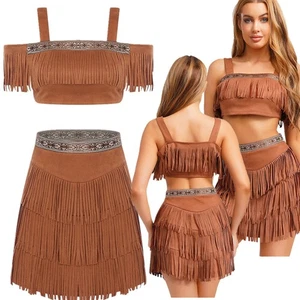 Womens Outfits Fancy Dress Set Tiered Costumes Halloween 2-piece Indian Tribe - Picture 1 of 35