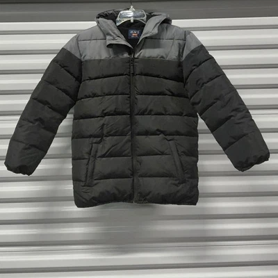 The Children’s Place Puffer Jacket Boys XXL Sz 16 Black Gray Hooded Winter Coat - Image 1 of 4