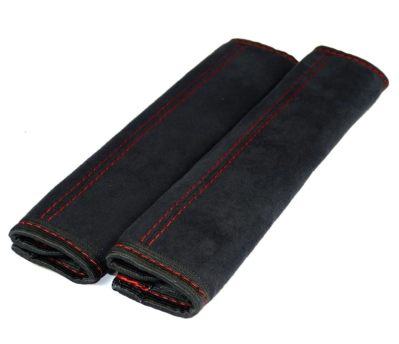 2x Gurtschoner Schwarz Naht rot samt weich Gurtpolster Sicherheitsgurt Schoner - Bild 1 von 1